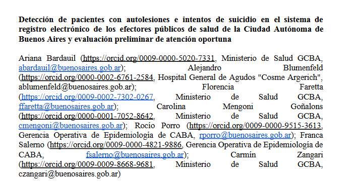 Detección de pacientes con autolesiones e intentos de suicidio en el sistema de registro electrónico de los efectores públicos de salud de la Ciudad Autónoma de Buenos Aires y evaluación preliminar de atención oportuna